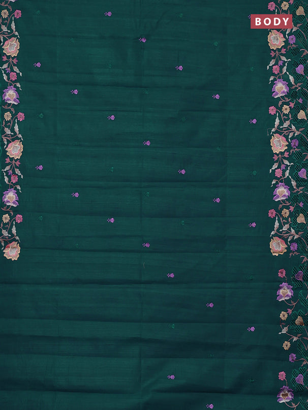 Semi raw silk saree peacock blue with embroidery buttas and embriodery border