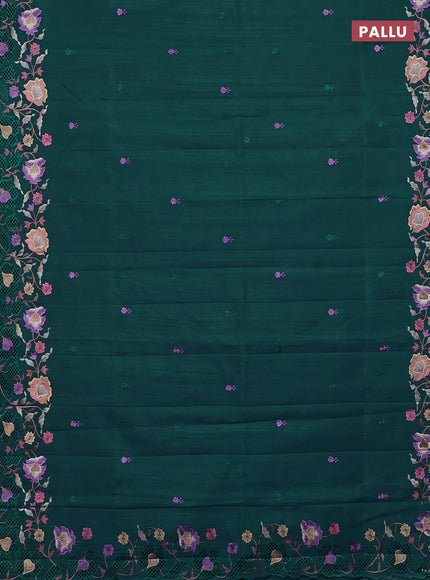 Semi raw silk saree peacock green with embroidery buttas and embriodery border