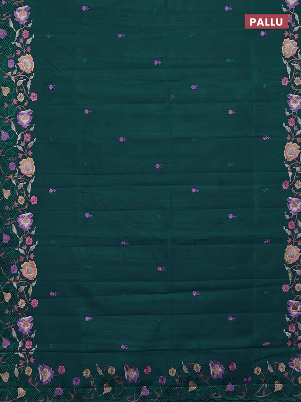 Semi raw silk saree peacock blue with embroidery buttas and embriodery border