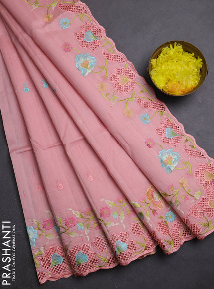 Semi raw silk saree peach shade with embroidery buttas and embriodery border