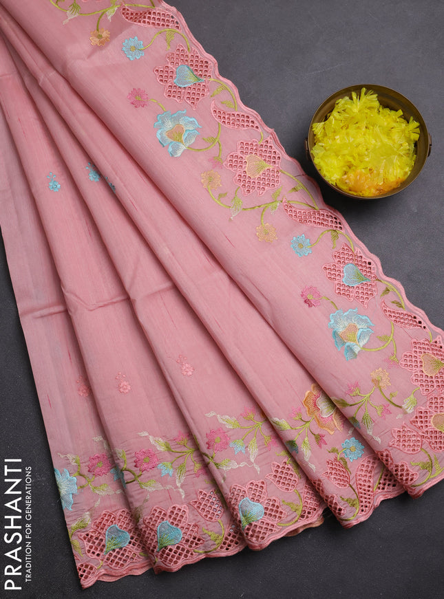 Semi raw silk saree peach shade with embroidery buttas and embriodery border