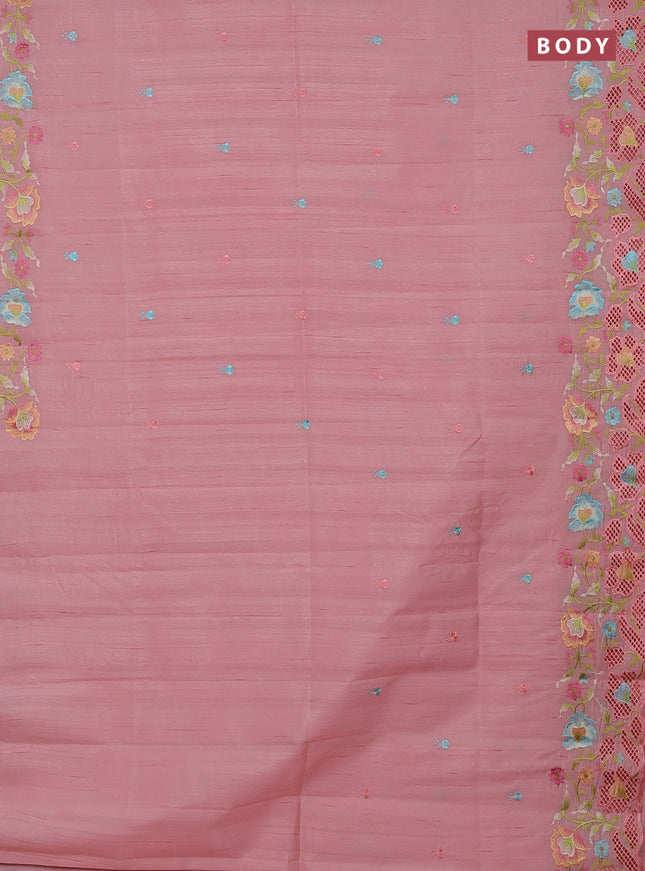 Semi raw silk saree peach shade with embroidery buttas and embriodery border