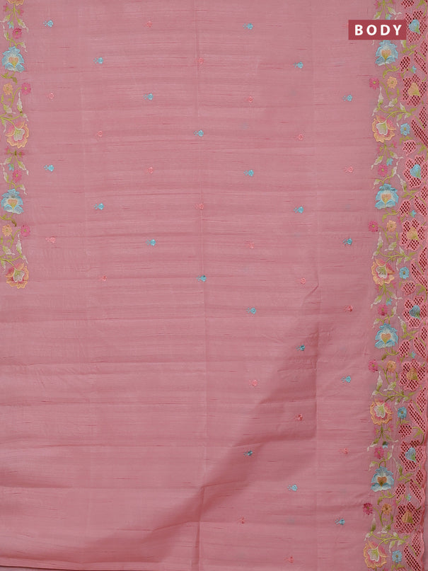 Semi raw silk saree peach shade with embroidery buttas and embriodery border