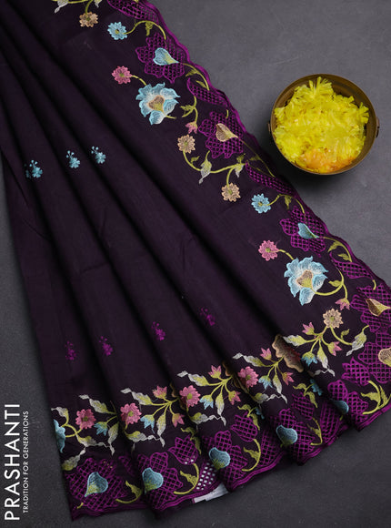Semi raw silk saree deep purple with embroidery buttas and embriodery border
