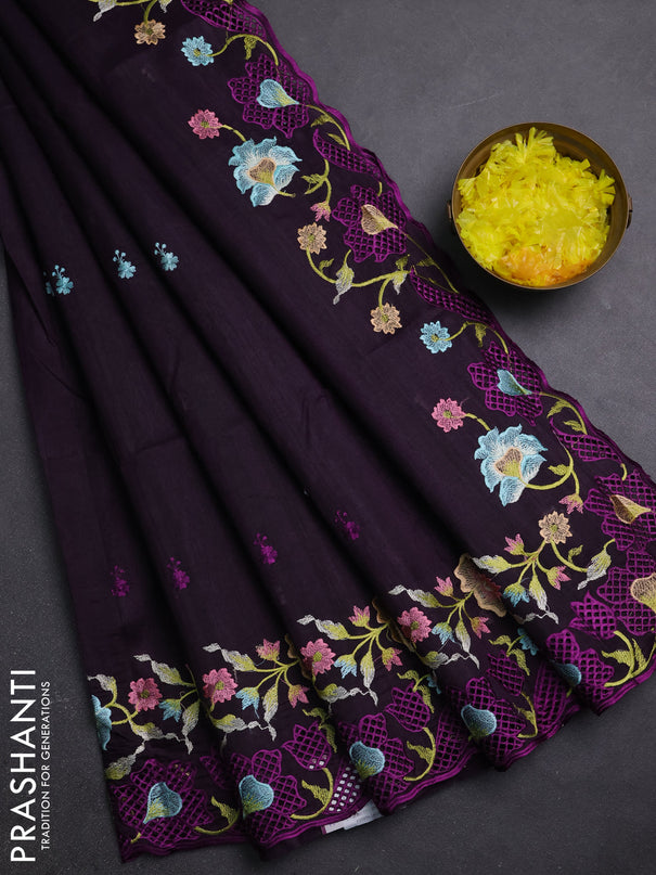 Semi raw silk saree deep purple with embroidery buttas and embriodery border