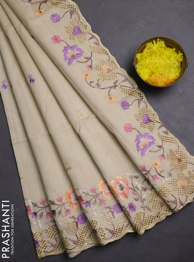 Semi raw silk saree beige with embroidery buttas and embriodery border
