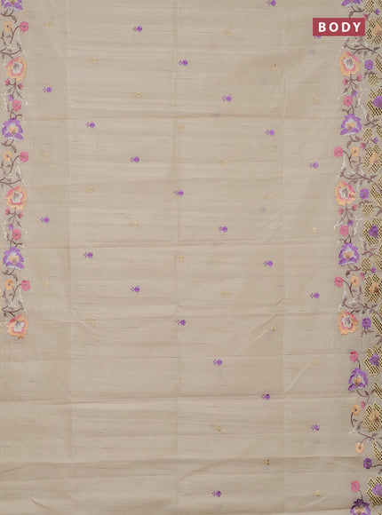 Semi raw silk saree beige with embroidery buttas and embriodery border