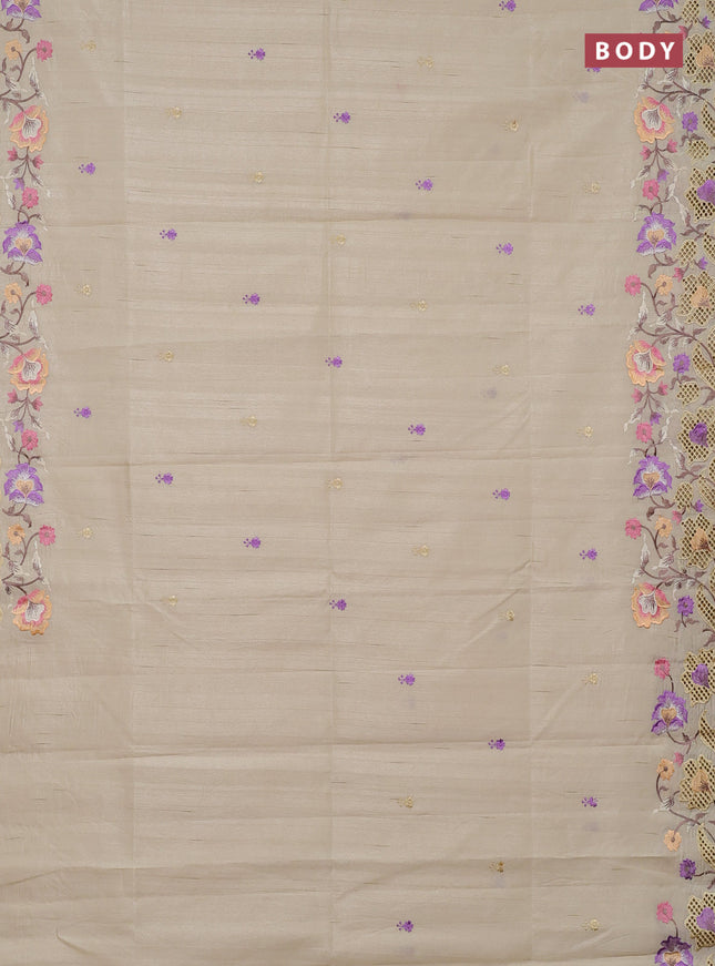 Semi raw silk saree beige with embroidery buttas and embriodery border