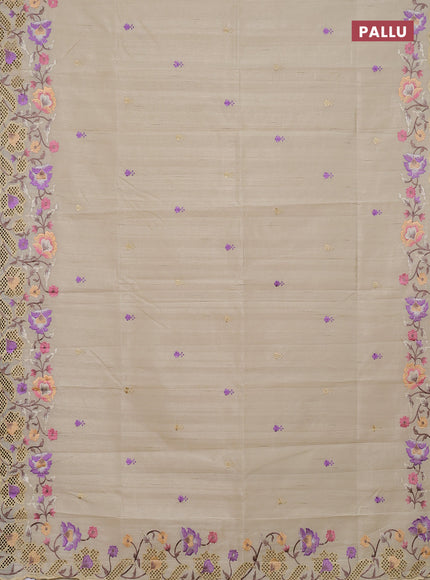 Semi raw silk saree beige with embroidery buttas and embriodery border