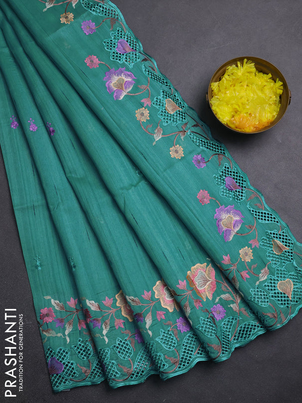 Semi raw silk saree teal blue shade with embroidery buttas and embriodery border