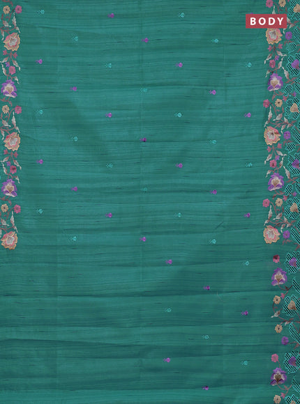 Semi raw silk saree teal blue shade with embroidery buttas and embriodery border