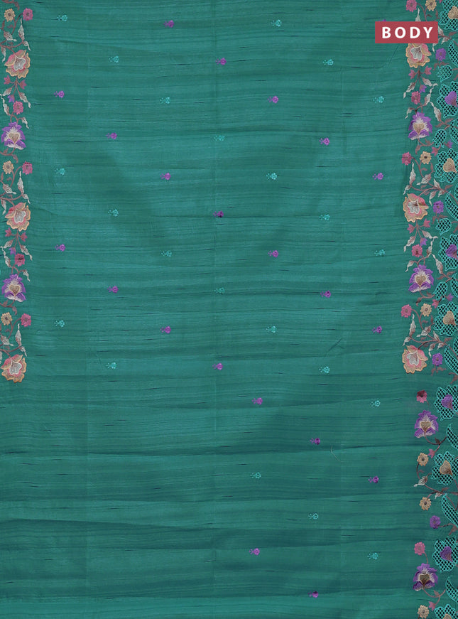 Semi raw silk saree teal blue shade with embroidery buttas and embriodery border