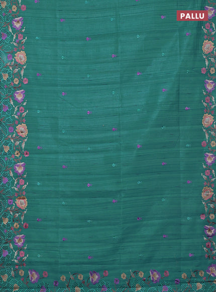 Semi raw silk saree teal blue shade with embroidery buttas and embriodery border