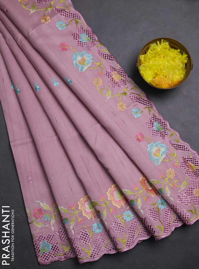 Semi raw silk saree pastel pink with embroidery buttas and embriodery border