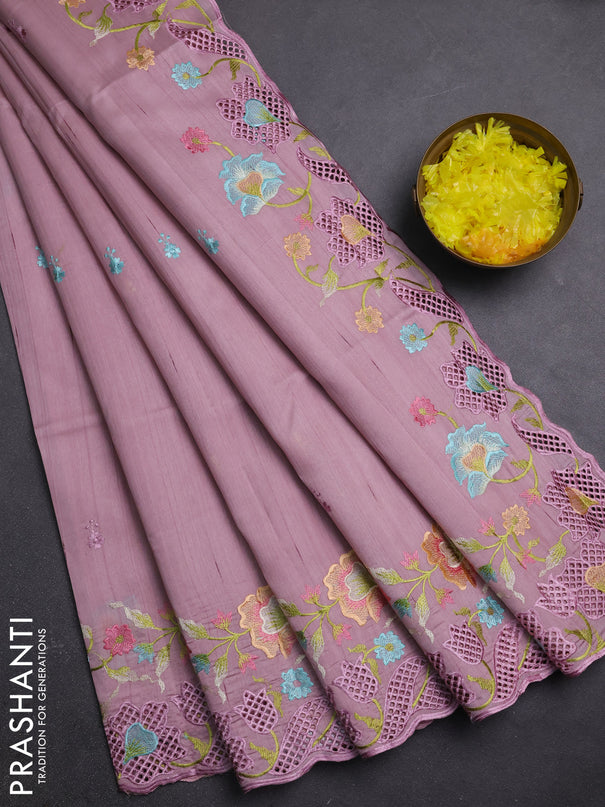 Semi raw silk saree pastel pink with embroidery buttas and embriodery border