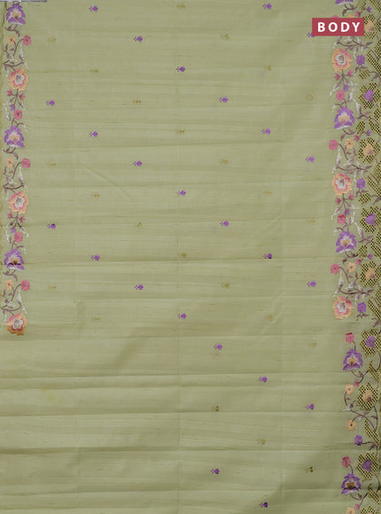 Semi raw silk saree pista green with embroidery buttas and embriodery border