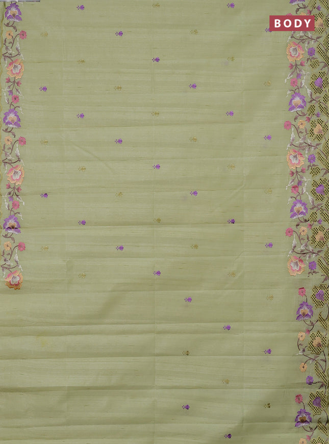 Semi raw silk saree pista green with embroidery buttas and embriodery border