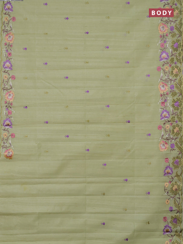 Semi raw silk saree pista green with embroidery buttas and embriodery border