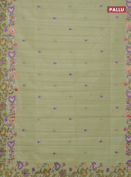 Semi raw silk saree pista green with embroidery buttas and embriodery border