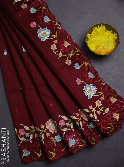 Semi raw silk saree deep maroon with embroidery buttas and embriodery border