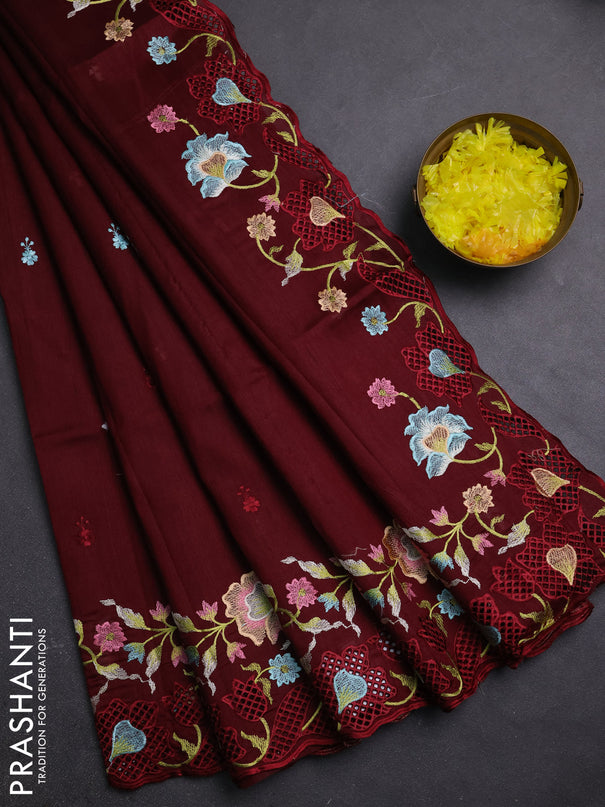 Semi raw silk saree deep maroon with embroidery buttas and embriodery border