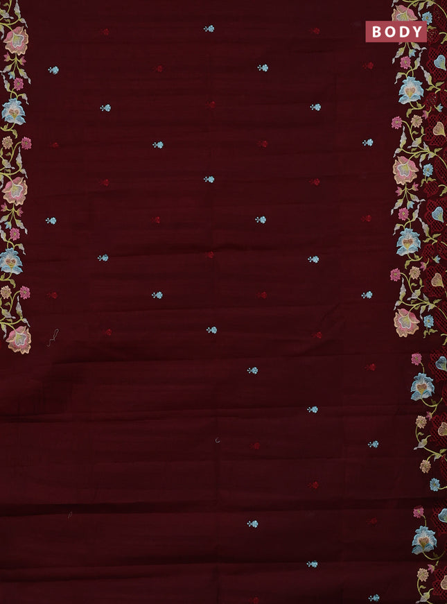 Semi raw silk saree deep maroon with embroidery buttas and embriodery border