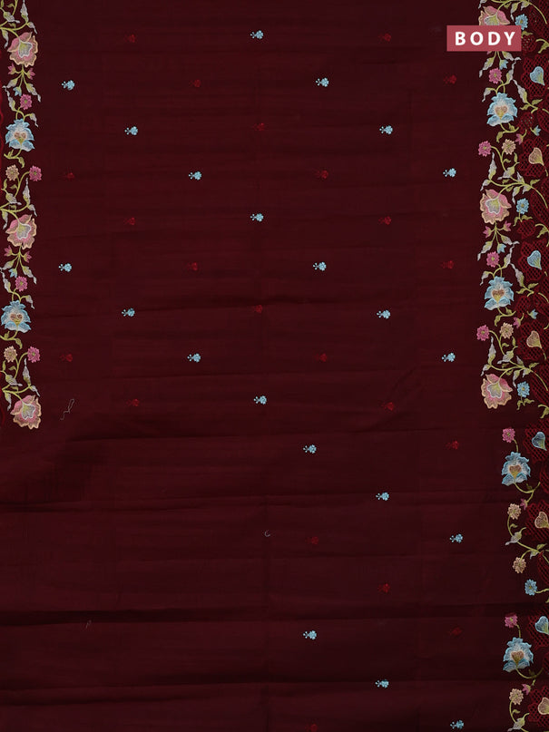 Semi raw silk saree deep maroon with embroidery buttas and embriodery border