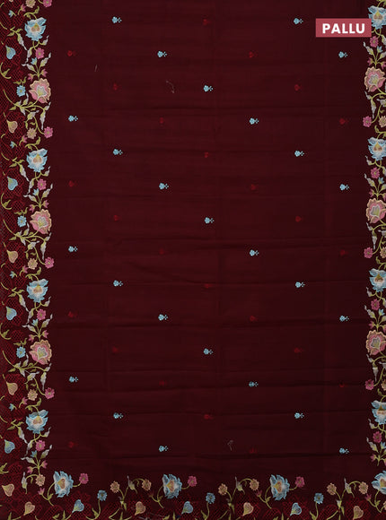 Semi raw silk saree deep maroon with embroidery buttas and embriodery border