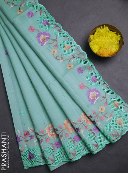 Semi raw silk saree pastel blue with embroidery buttas and embriodery border