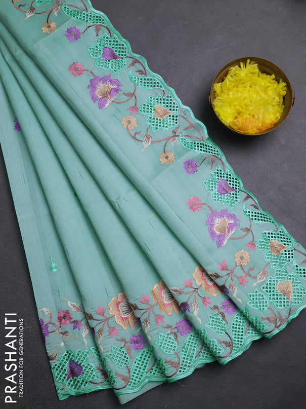 Semi raw silk saree pastel blue with embroidery buttas and embriodery border