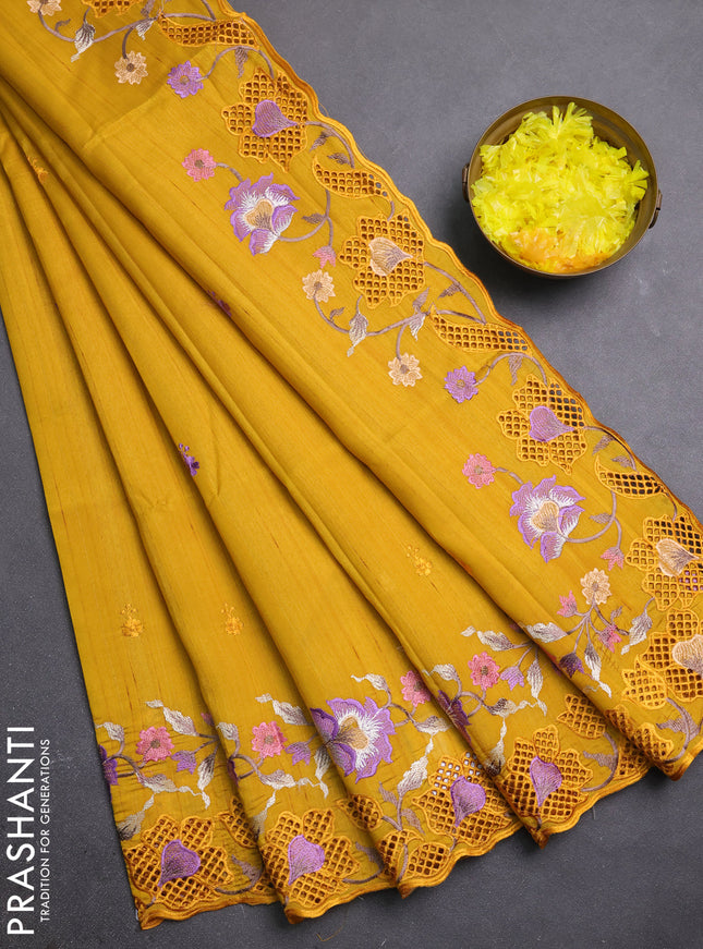 Semi raw silk saree mustard yellow with embroidery buttas and embriodery border