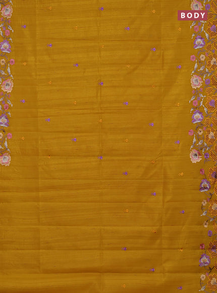 Semi raw silk saree mustard yellow with embroidery buttas and embriodery border