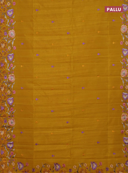 Semi raw silk saree mustard yellow with embroidery buttas and embriodery border