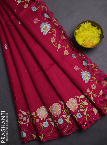 Semi raw silk saree dark pink with embroidery buttas and embriodery border