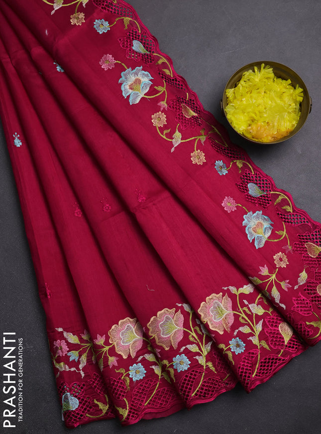 Semi raw silk saree dark pink with embroidery buttas and embriodery border