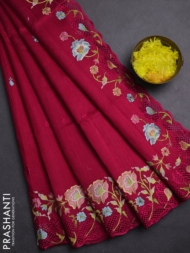 Semi raw silk saree dark pink with embroidery buttas and embriodery border
