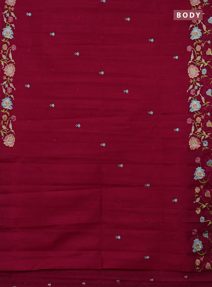 Semi raw silk saree dark pink with embroidery buttas and embriodery border