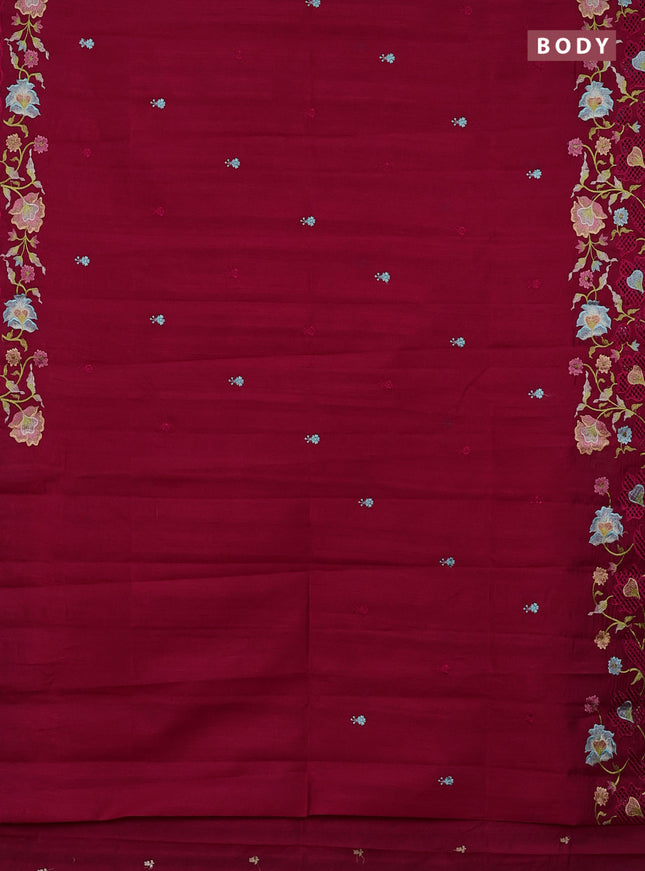 Semi raw silk saree dark pink with embroidery buttas and embriodery border