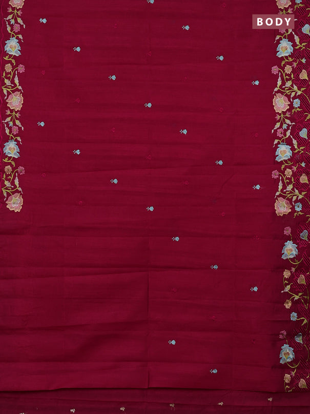 Semi raw silk saree dark pink with embroidery buttas and embriodery border