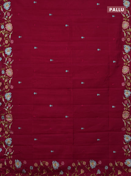 Semi raw silk saree dark pink with embroidery buttas and embriodery border
