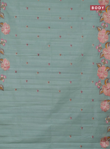 Semi raw silk saree pastel green with embroidery buttas and embriodery border