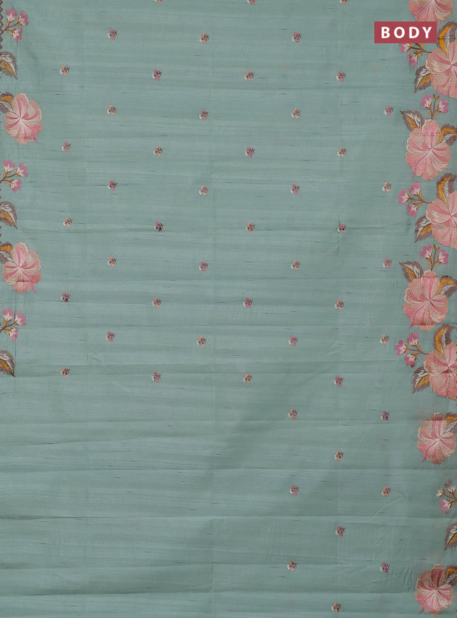 Semi raw silk saree pastel green with embroidery buttas and embriodery border