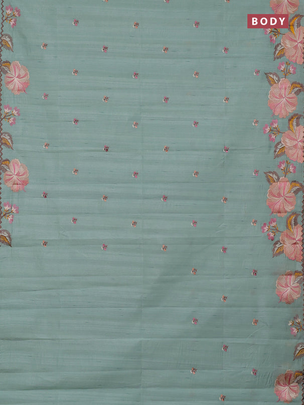 Semi raw silk saree pastel green with embroidery buttas and embriodery border