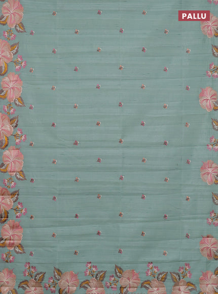 Semi raw silk saree pastel green with embroidery buttas and embriodery border