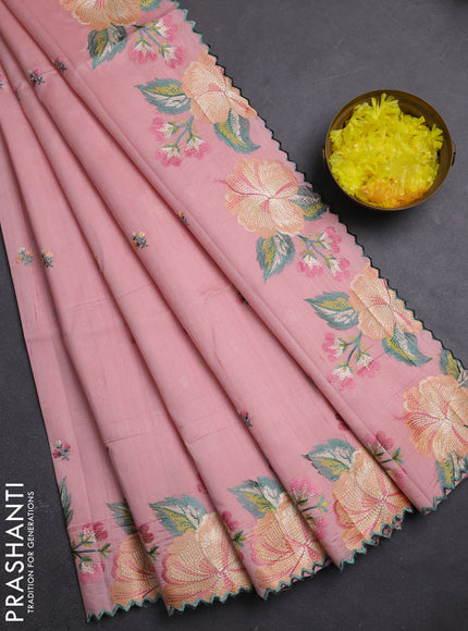 Semi raw silk saree peach shade with embroidery buttas and embriodery border