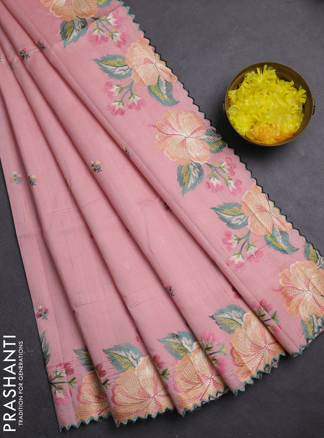 Semi raw silk saree peach shade with embroidery buttas and embriodery border