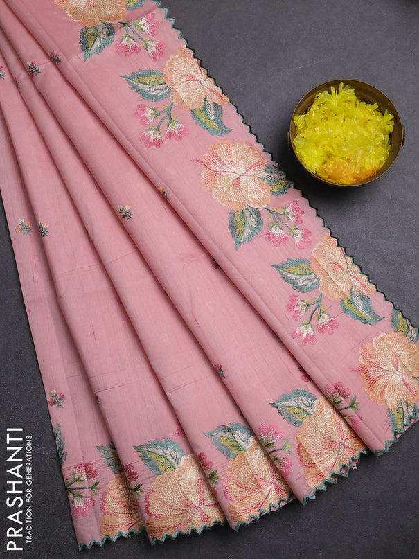 Semi raw silk saree peach shade with embroidery buttas and embriodery border