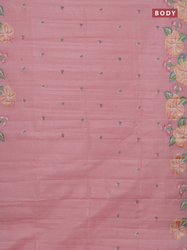 Semi raw silk saree peach shade with embroidery buttas and embriodery border