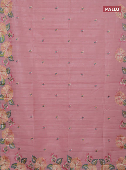 Semi raw silk saree peach shade with embroidery buttas and embriodery border