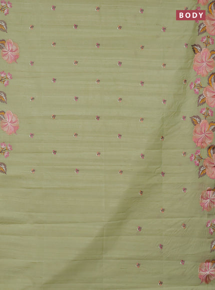 Semi raw silk saree pista green with embroidery buttas and embriodery border